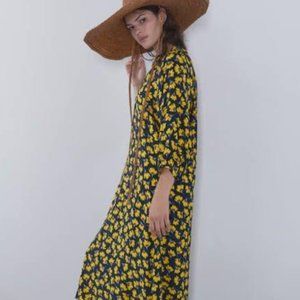 Zara Navy blue and yellow floral midi dress NWT Sz Medium
